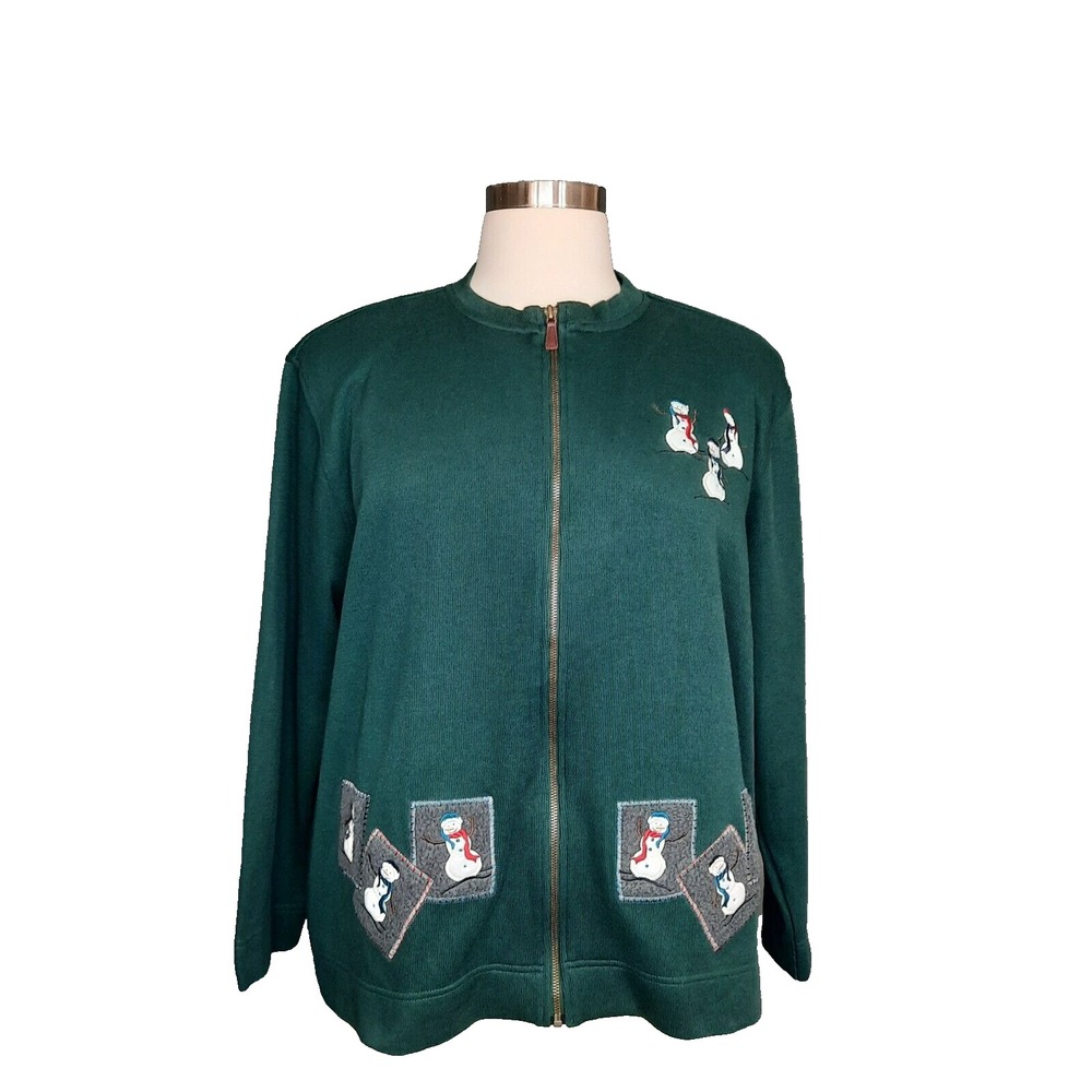 VTG Snowman Cardigan Sweater Womens 2X Dark Green Full Zip Novelty Holiday 90s